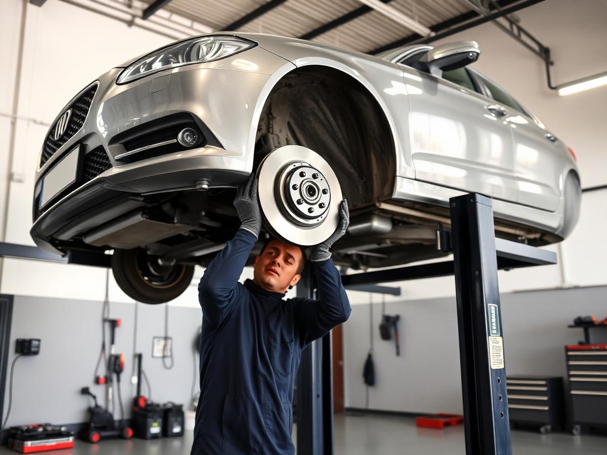 Mechanik měnící brzdový kotouč na zvednutém osobním automobilu